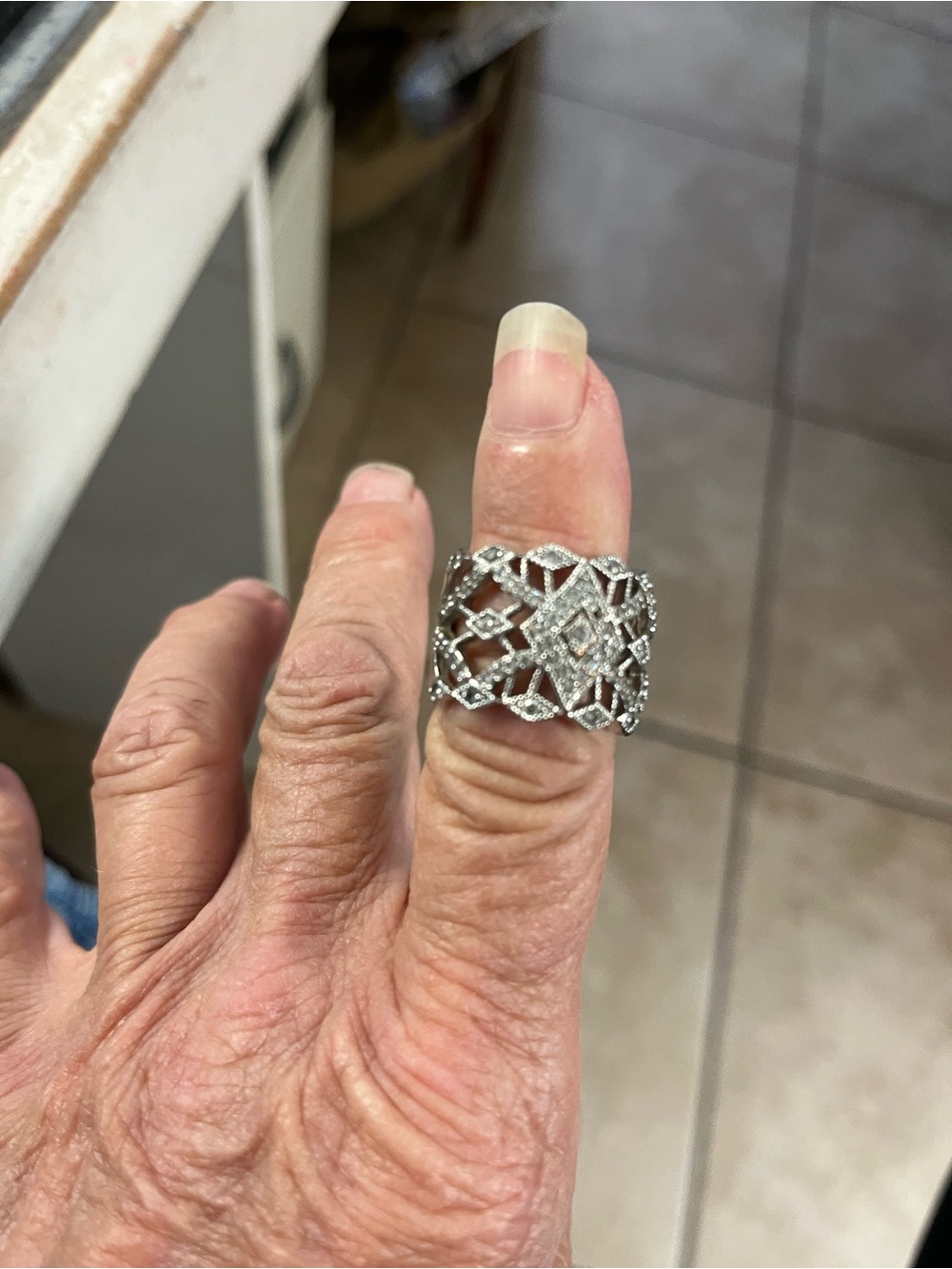 Intricate Silver-Tone Filigree Crystal Wide Band Ring